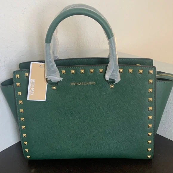NWT Michael Kors Malachite Green Selma Gold Stud Satchel. - Picture 11 of 14